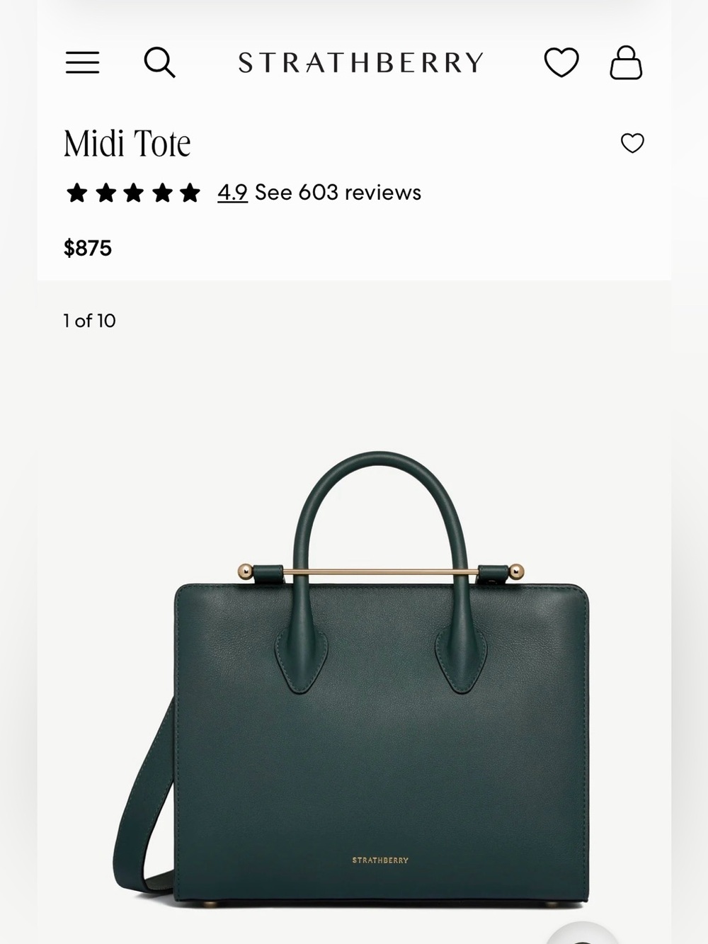 Strathberry Midi medium Tote bottle green Leather Top Handle Shoulder Bag -$875!